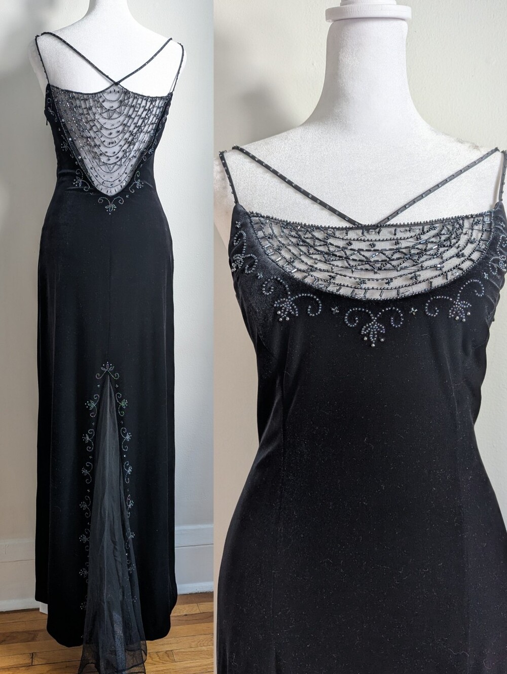 VTG 90s Dave & Johnny Black Velvet Webbed Mesh Beaded Evening Gown With Train